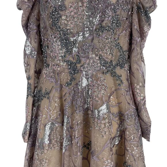 Mac Duggal Embellished High Neck Puff Sleeve A-Line Dress Taupe Size 6 - Picture 5 of 12